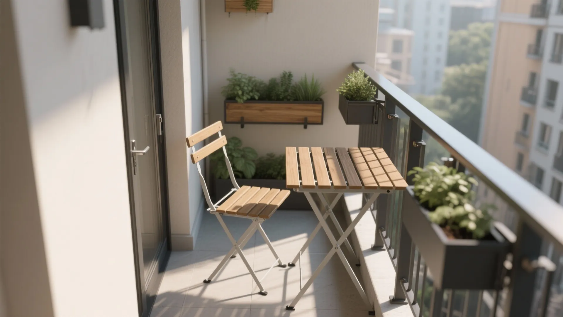 Small balcony featuring a folding wooden table, single chair, and several hanging black plant boxes