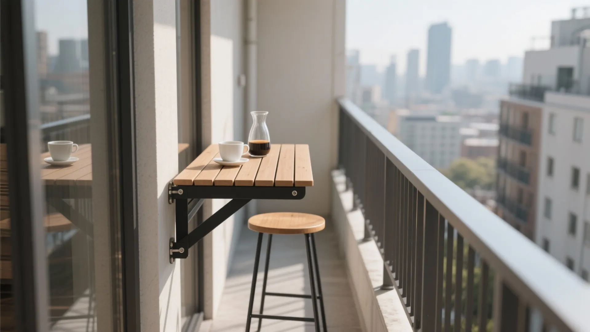 Fold-down rail tables for morning coffee