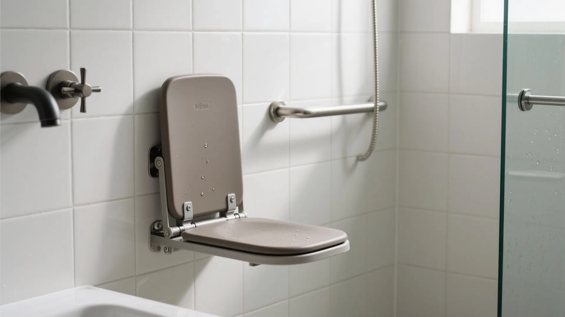 Grey folding shower seat mounted on white tile wall with water droplets and metal safety bar