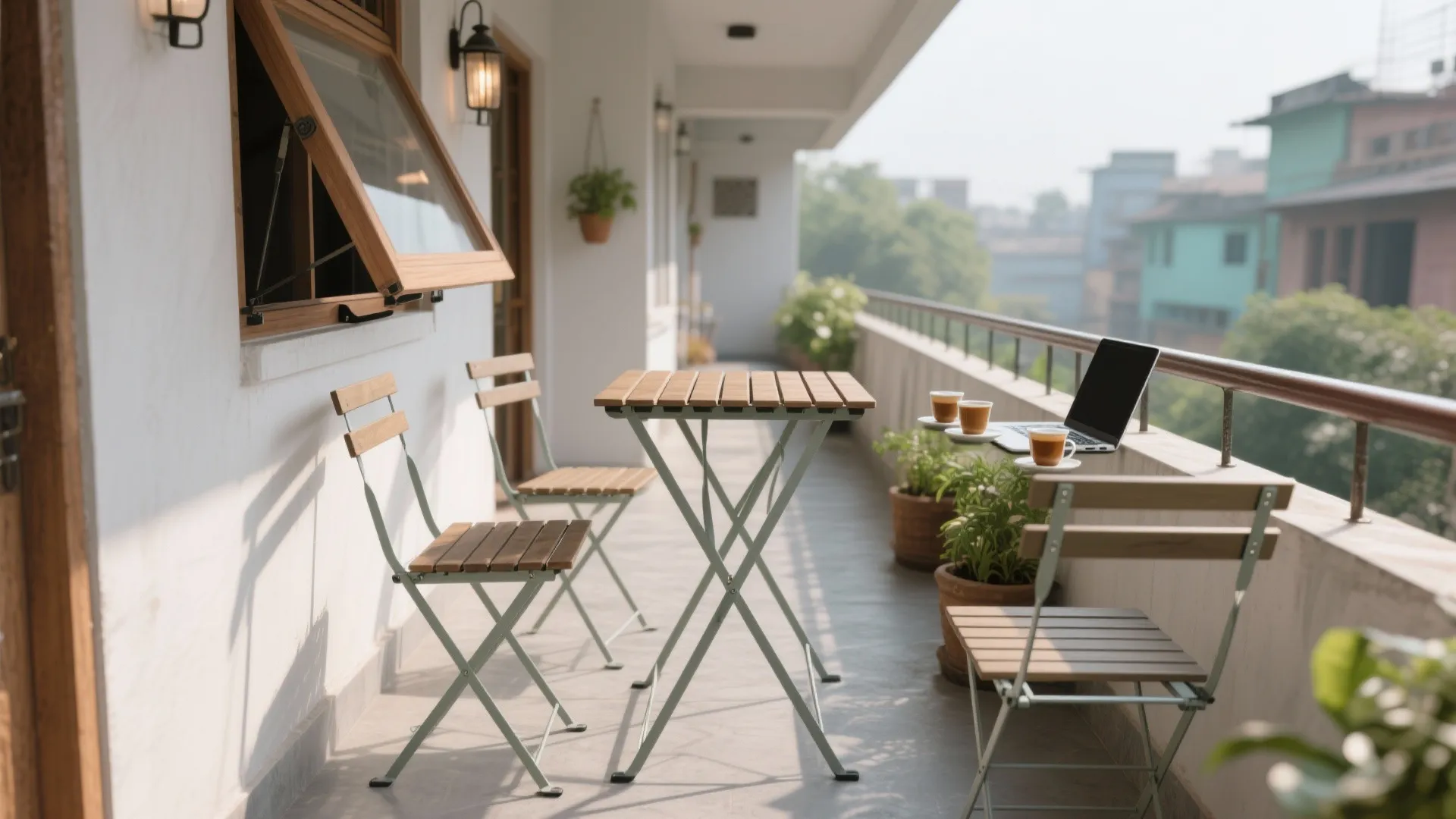 Outdoor balcony with wooden folding table and chairs plus a laptop and coffee for working
