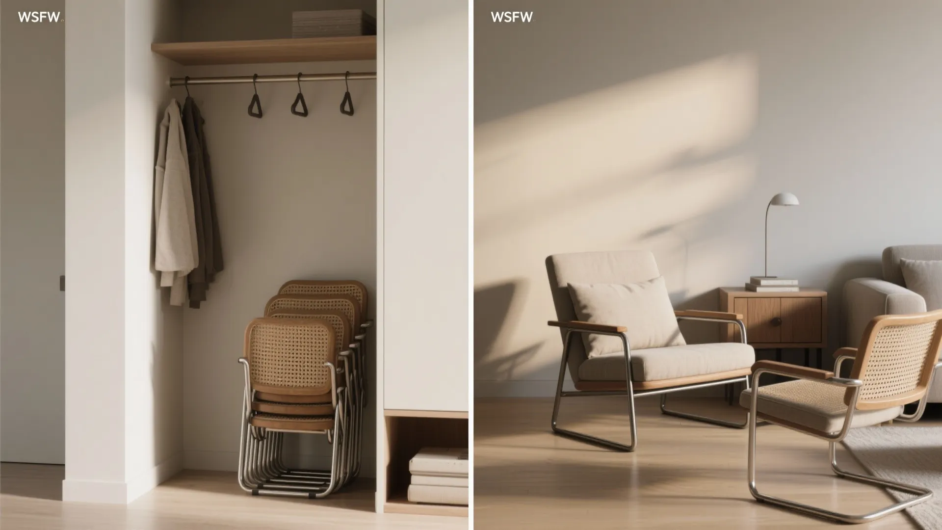 4. Folding or stackable chairs + slim profile armchairs