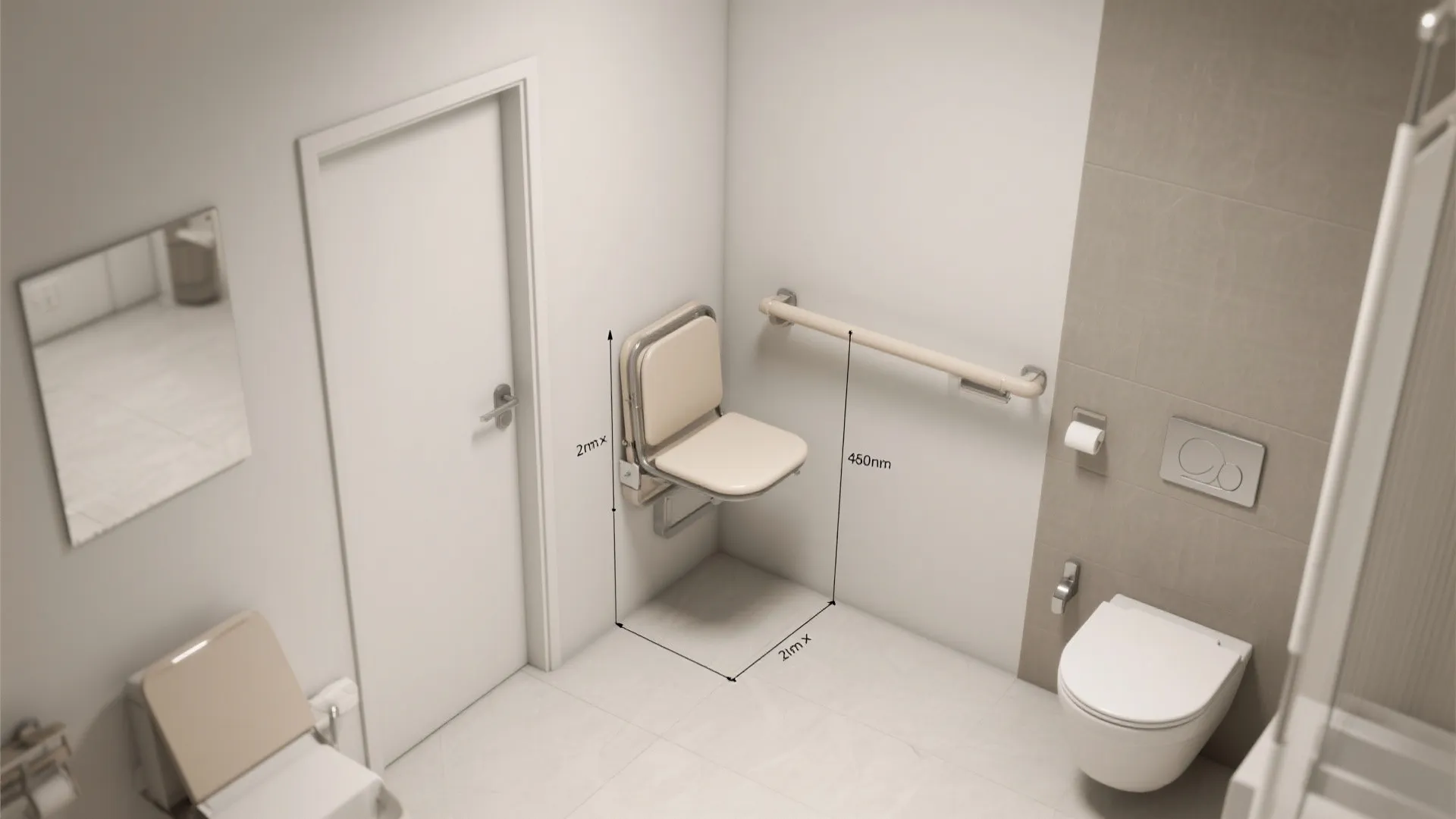 Top-down view of a 2x2 meter bathroom showing clearances and placement for a fold-down wall seat.