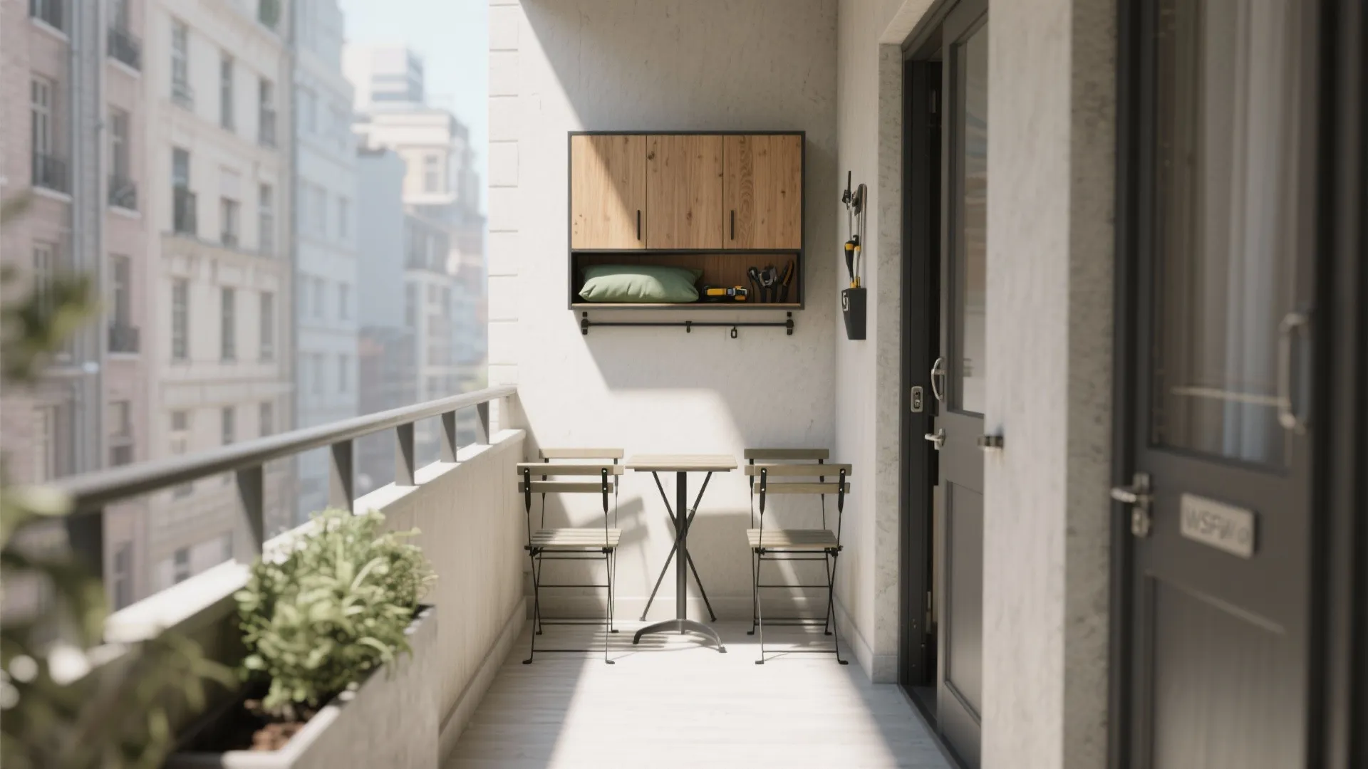 1) Minimal storage wall + fold-down seating