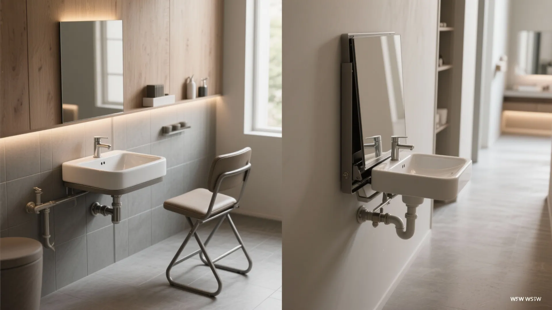 2. Fold-down wash sink and collapsing chair