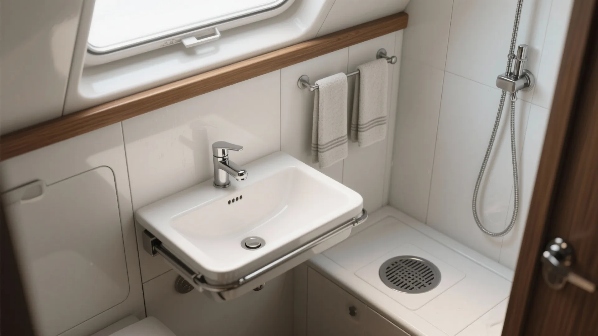 Close-up of fold-down sink and recessed shower drain in a truck camper wet bath