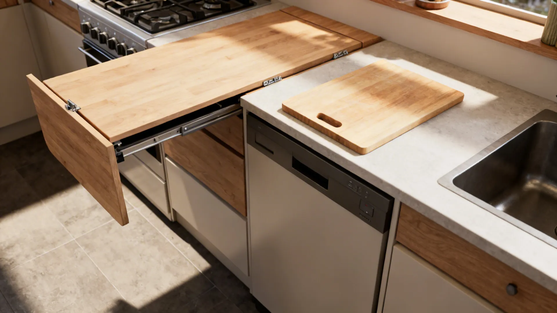 Fold-down counter leaf and slide-out cutting board extended to show extra prep surface in a small kitchen.