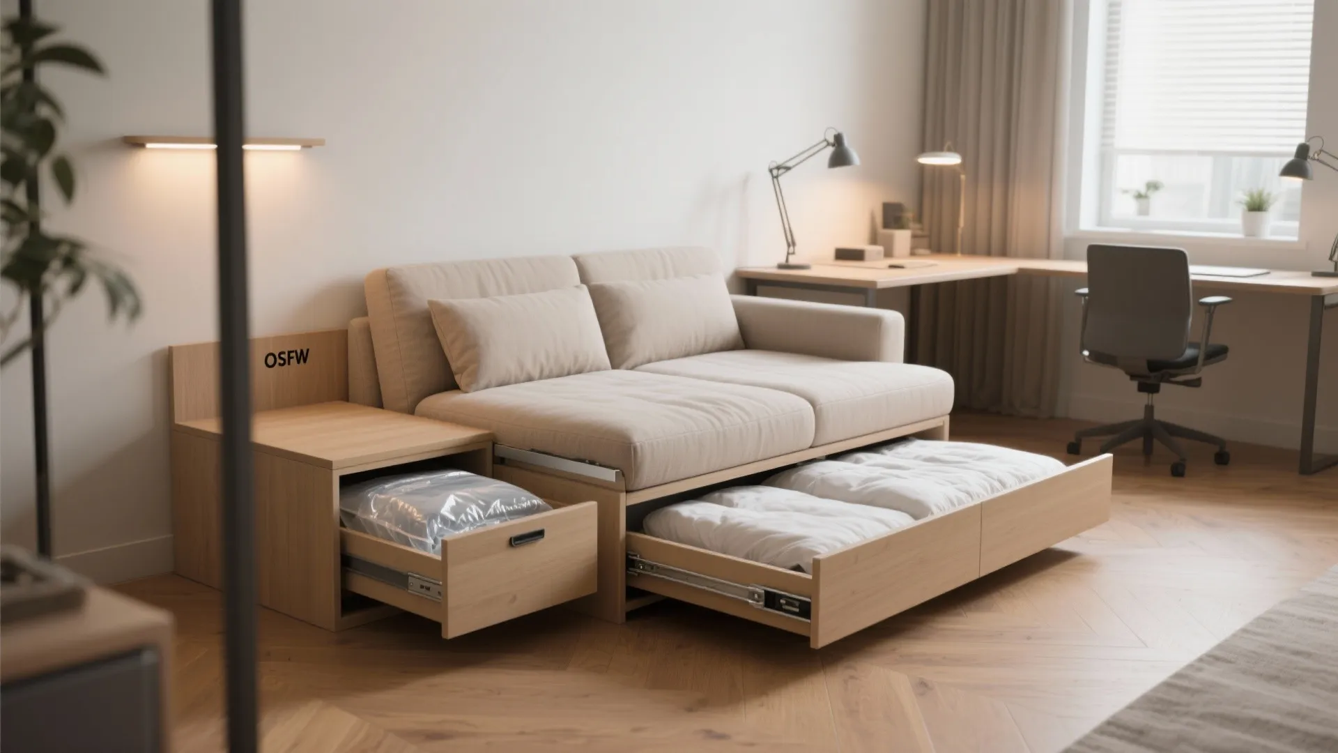 1. Fold-down sofa with integrated storage