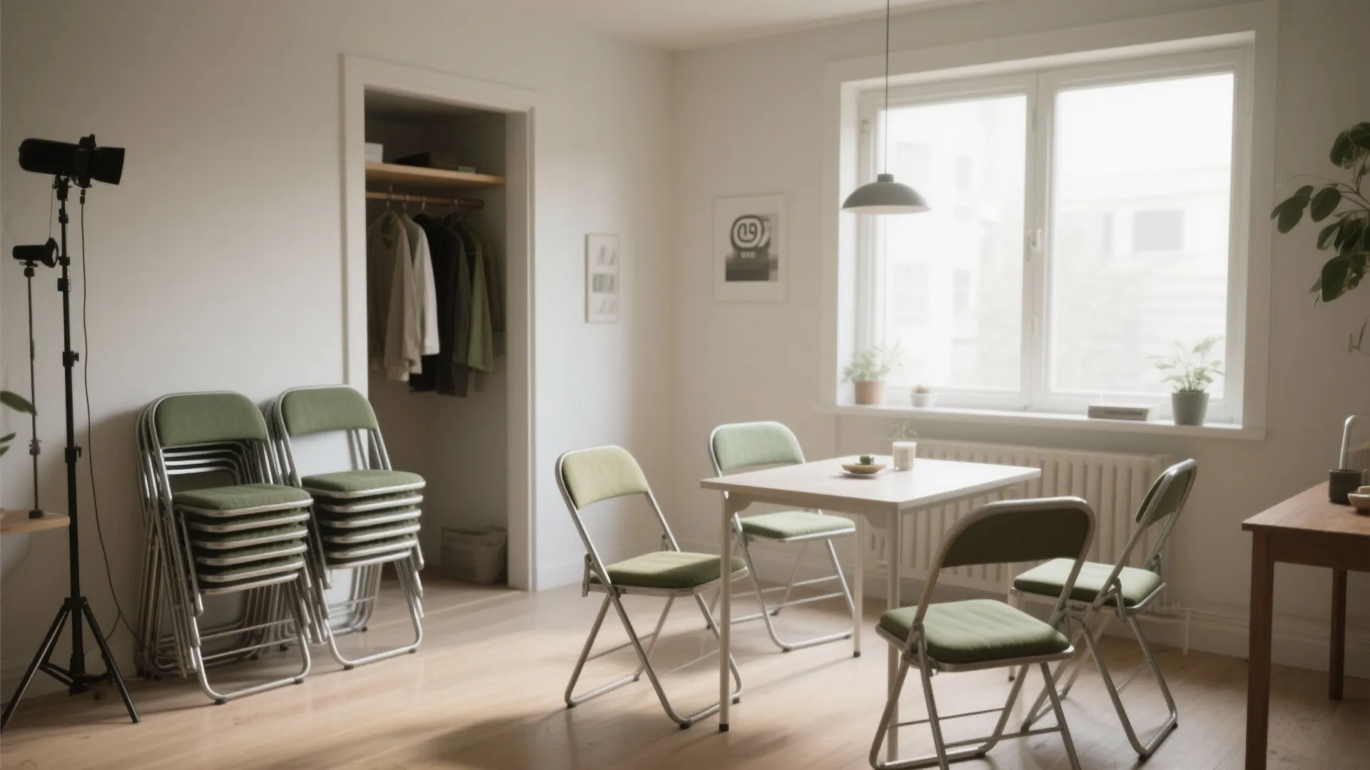 Bright dining area with stacked green folding chairs white table wooden floor and natural sunlight