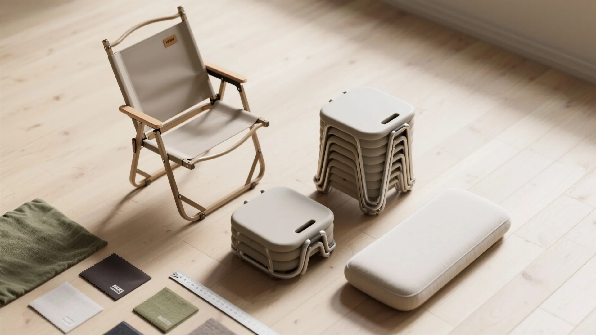 Folding chair and stacked stools with fabric samples on a light wooden floor interior setting