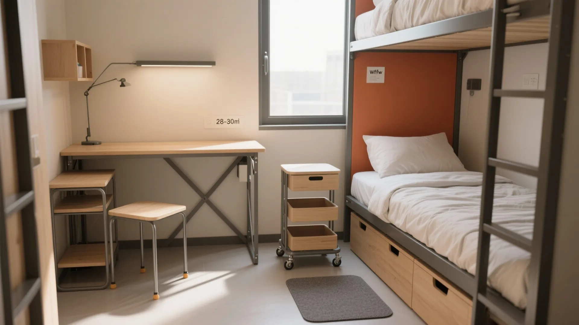 Modern dorm room with metal bunk beds wooden desk small rolling storage cart and natural light
