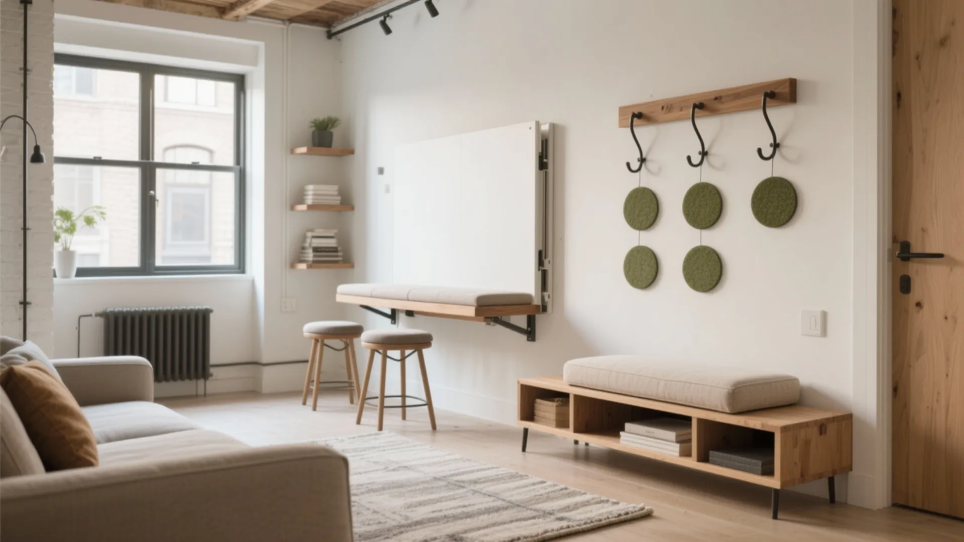 Small room layout with wall mounted folding table wooden stools long storage bench and hooks