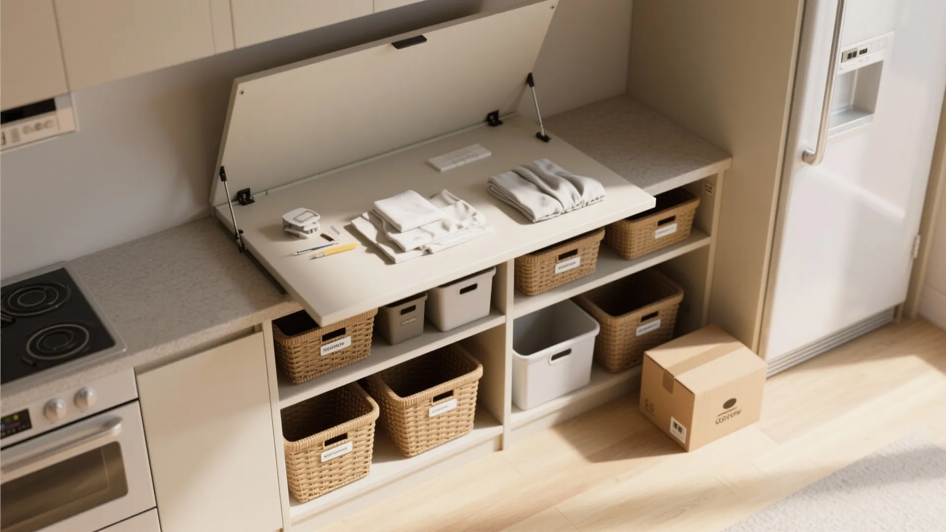 5. Fold-down sort-and-fold station with baskets