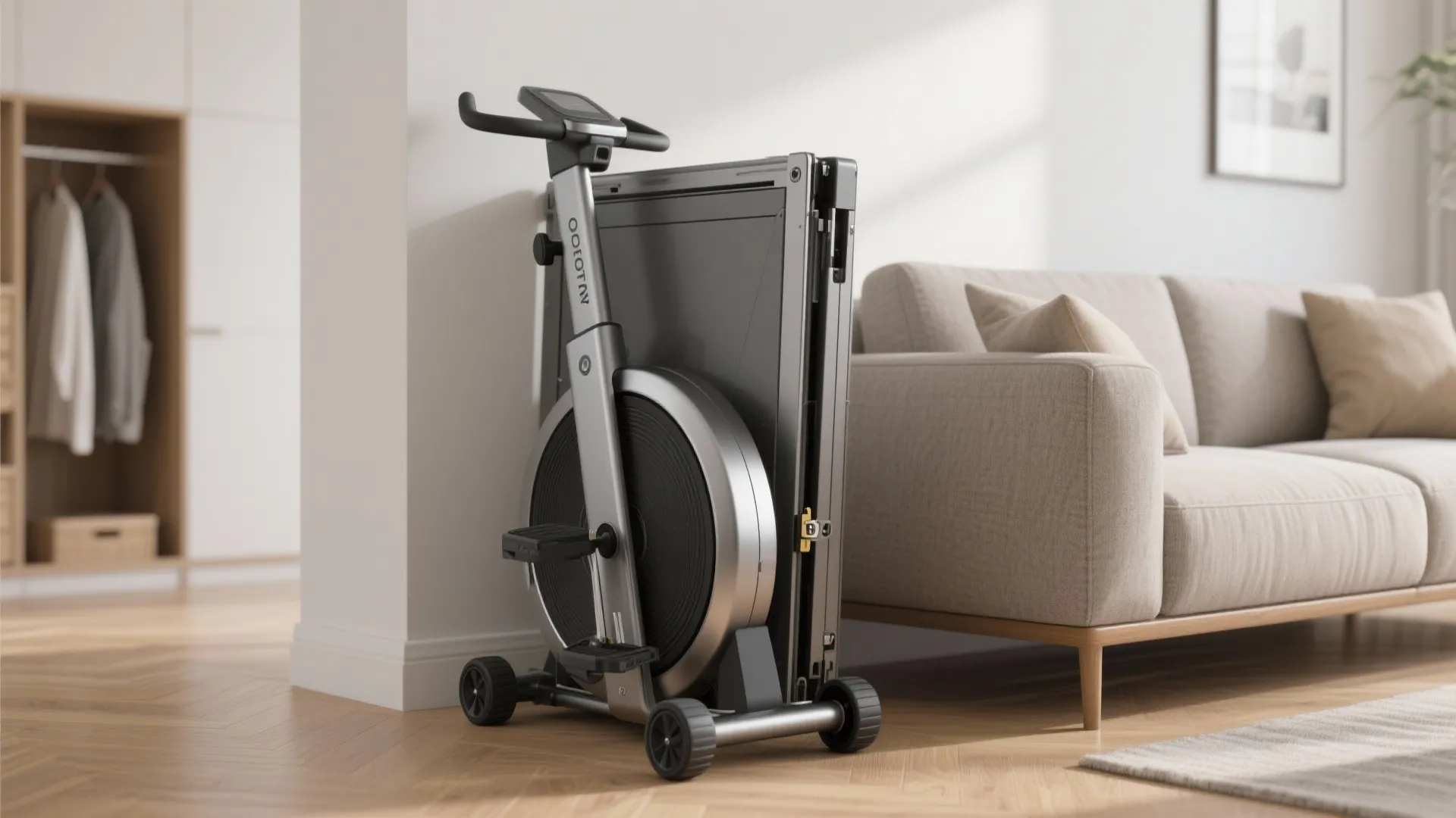 Folded grey exercise machine stored against white wall next to beige sofa in bright room