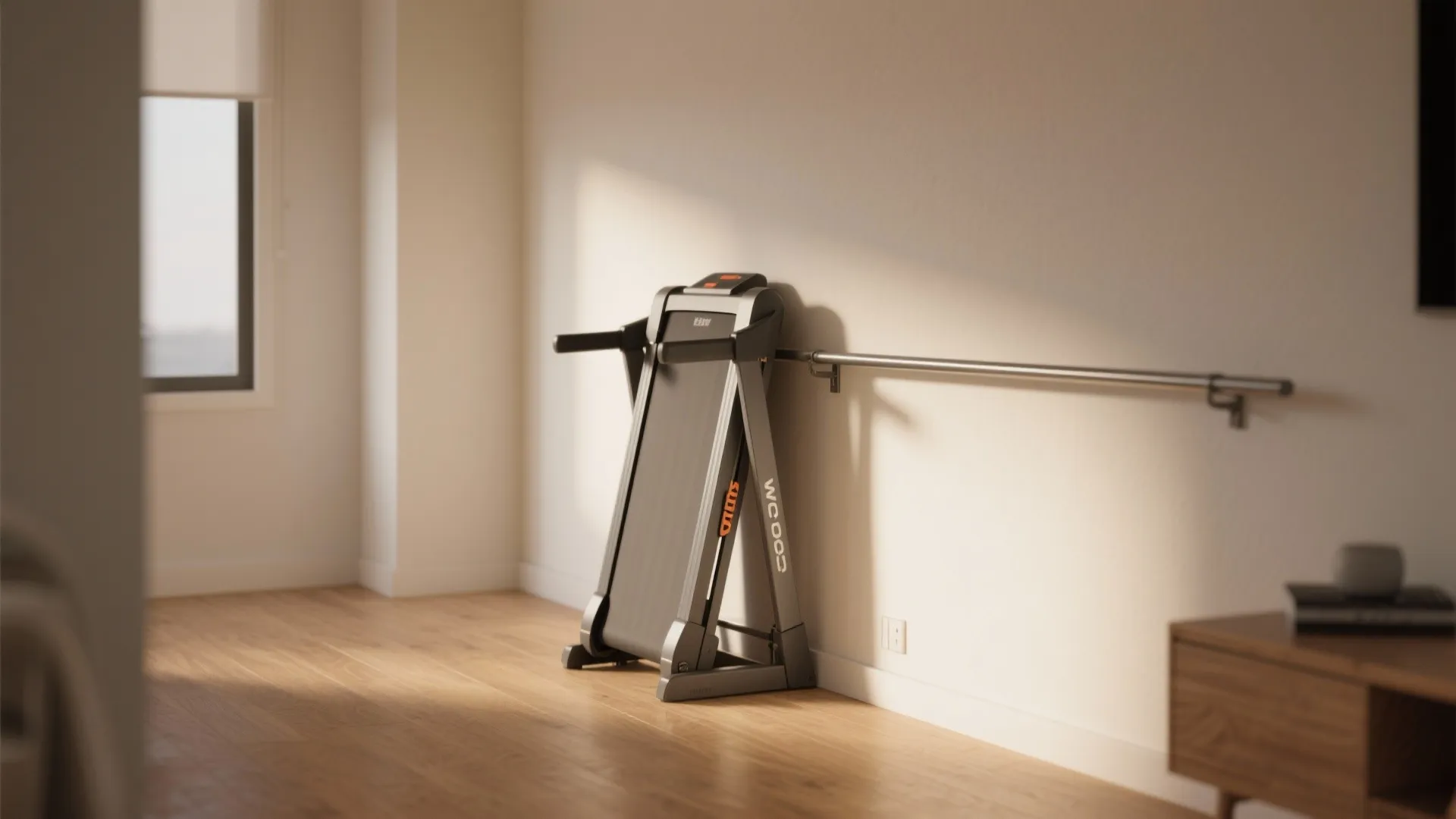 Space saving foldable treadmill stored vertically against a white wall in a modern living room