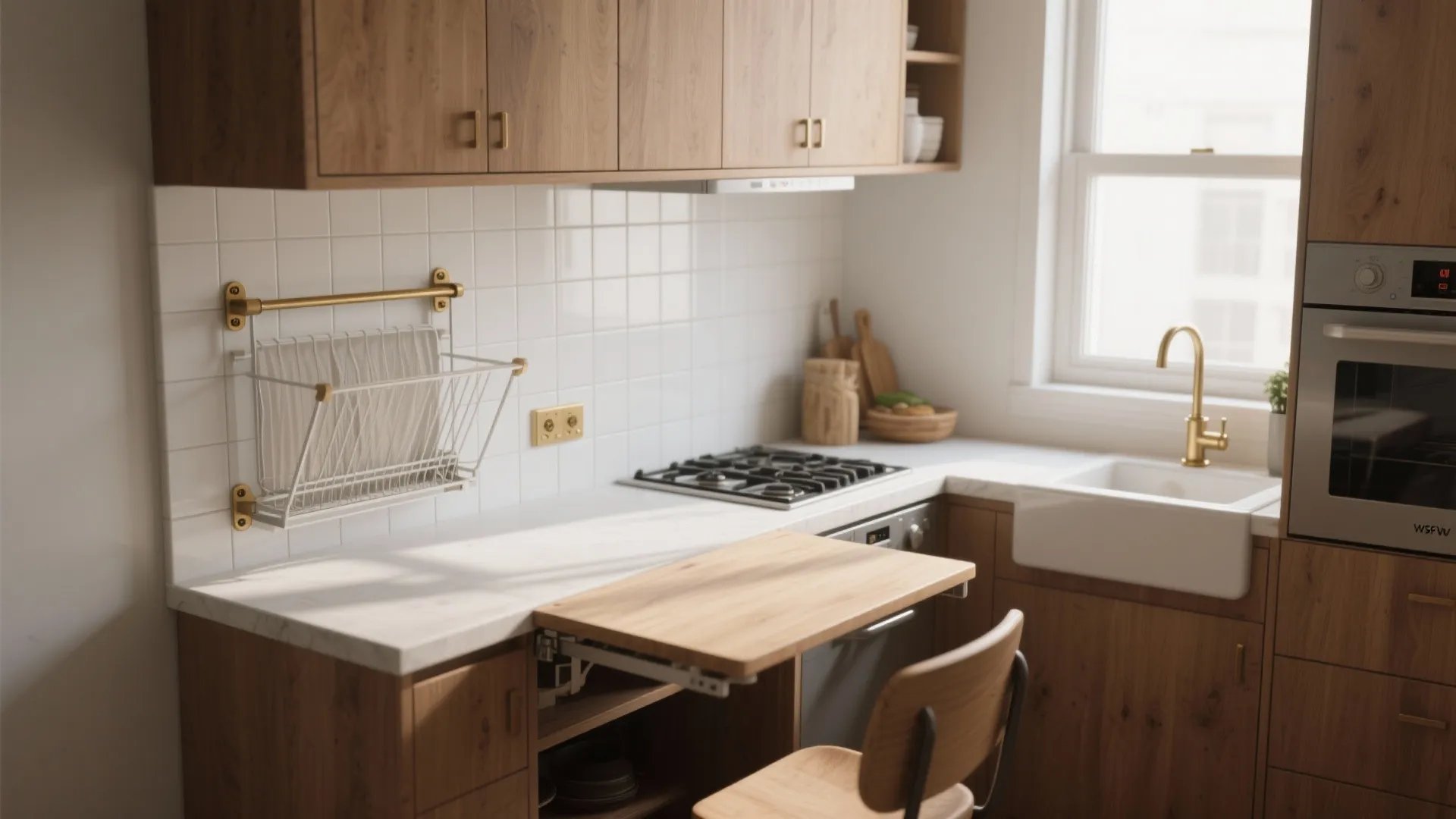 Small kitchen with a fold-up counter, drop-leaf table, and folded wall-mounted drying rack, showing anchored hardware.