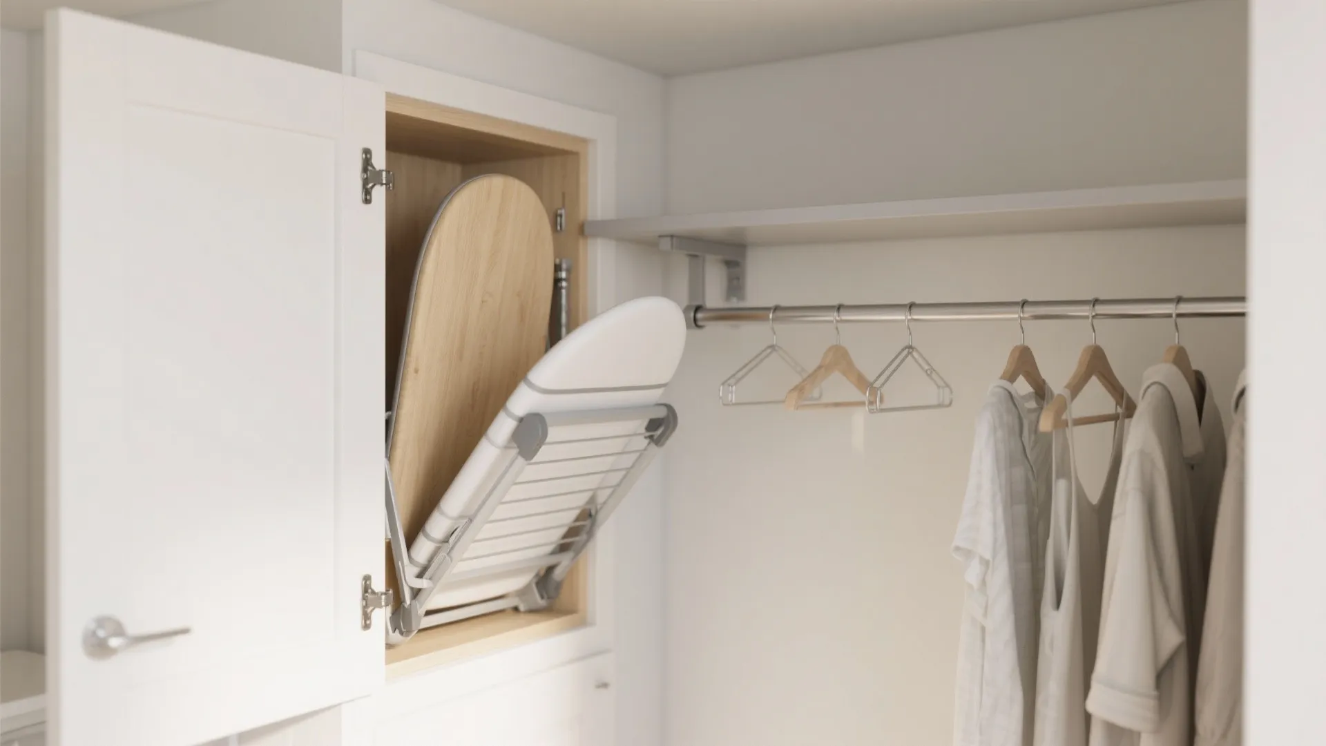 Built in closet storage space featuring a foldable ironing board next to hanging white clothes rack