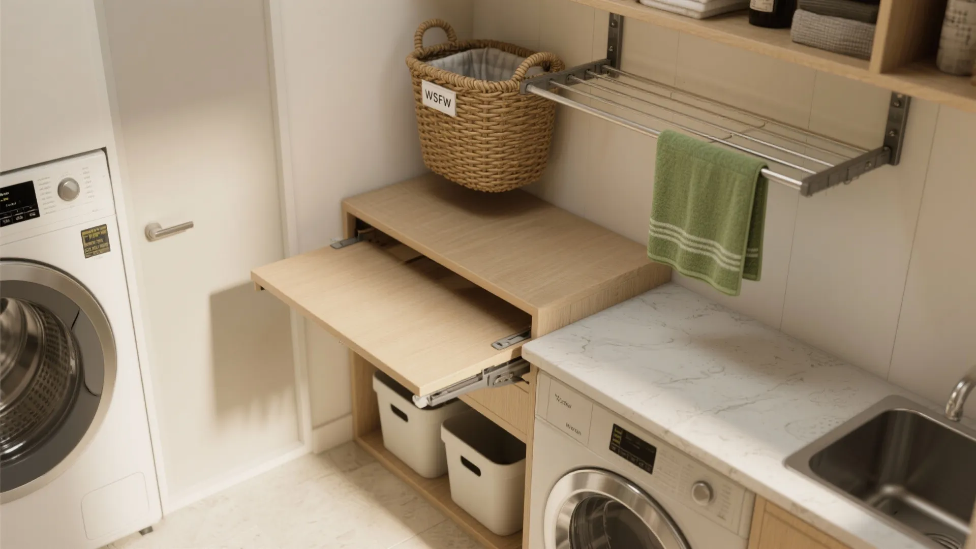 Functional laundry room with pull out wooden folding table marble countertop sink and wall mounted rack