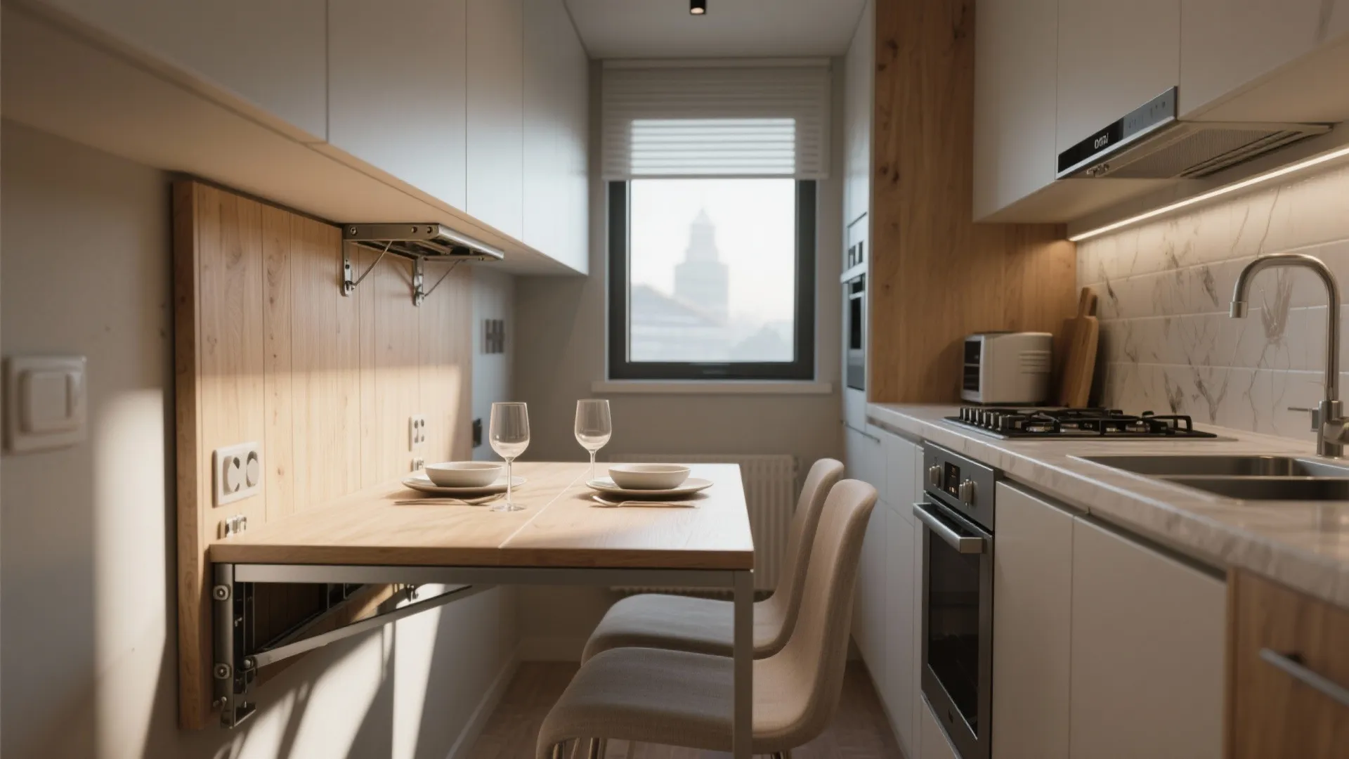 Small apartment kitchen featuring a wall mounted folding wooden dining table with two simple chairs