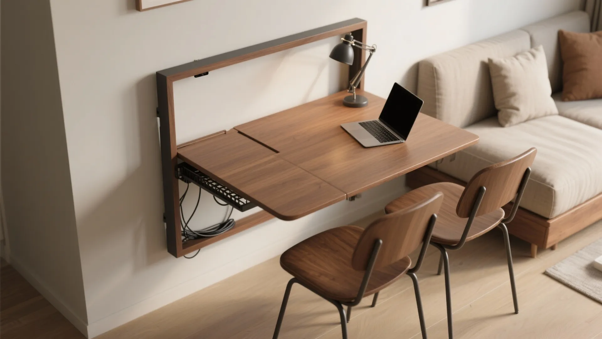 Wall-mounted fold-down table shown folded and unfolded as a desk and dining surface with organized cables and seating.