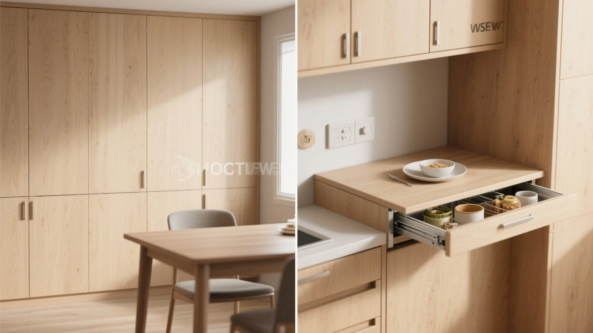 5. Multi-use cabinets: fold-down tables and slide-out shelves