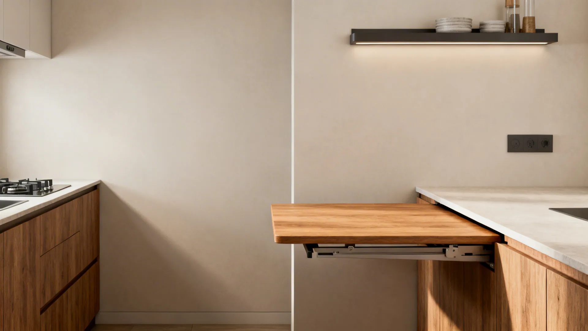 Before-and-after of a compact kitchen wall upgraded with a fold-down oak table and slim shelf.