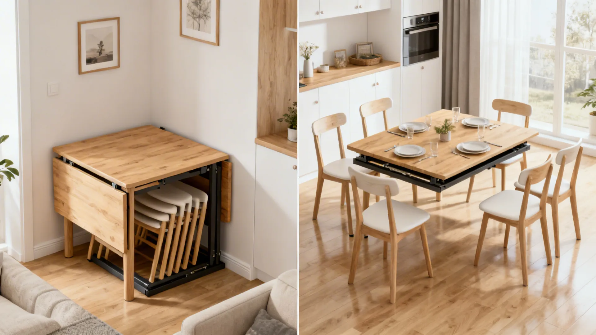 Before-and-after of a fold-down dining setup stowed and then opened with chairs arranged.
