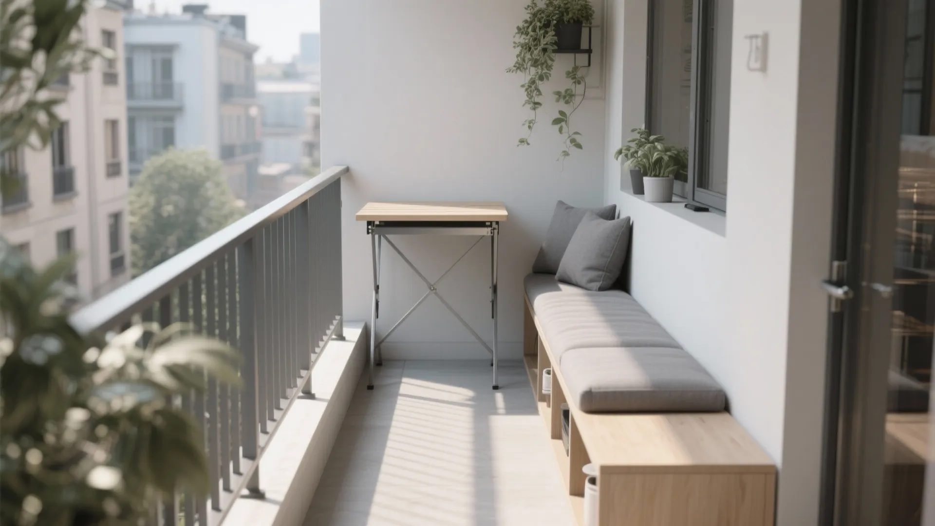 Modern narrow balcony with wooden folding table grey bench seating green plants and city view