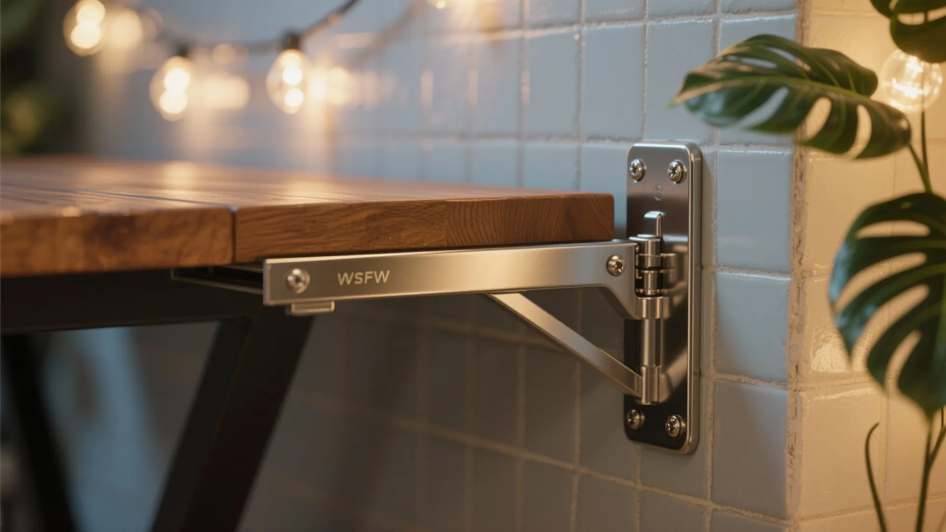 Macro of marine-grade stainless hinge and bracket on a fold-down balcony table.