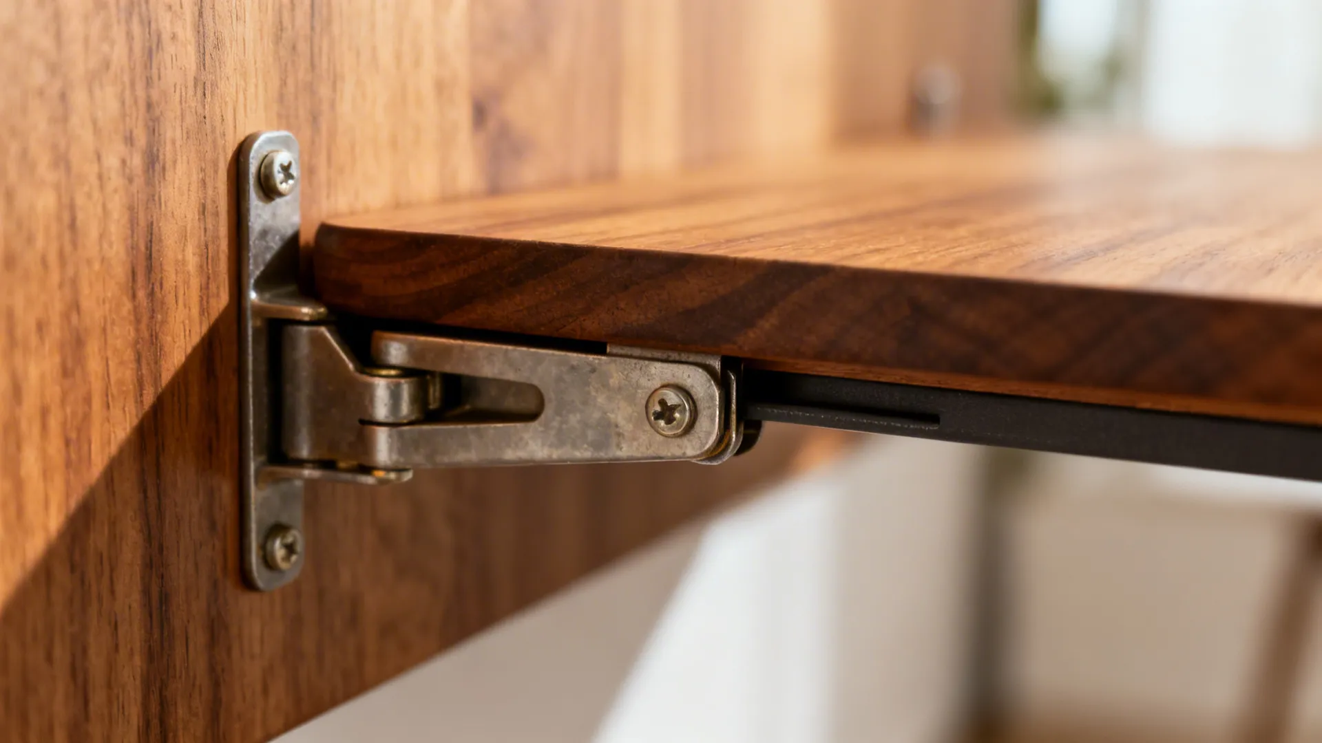 Close-up of a soft-close hinge and sturdy bracket on a fold-down oak table.