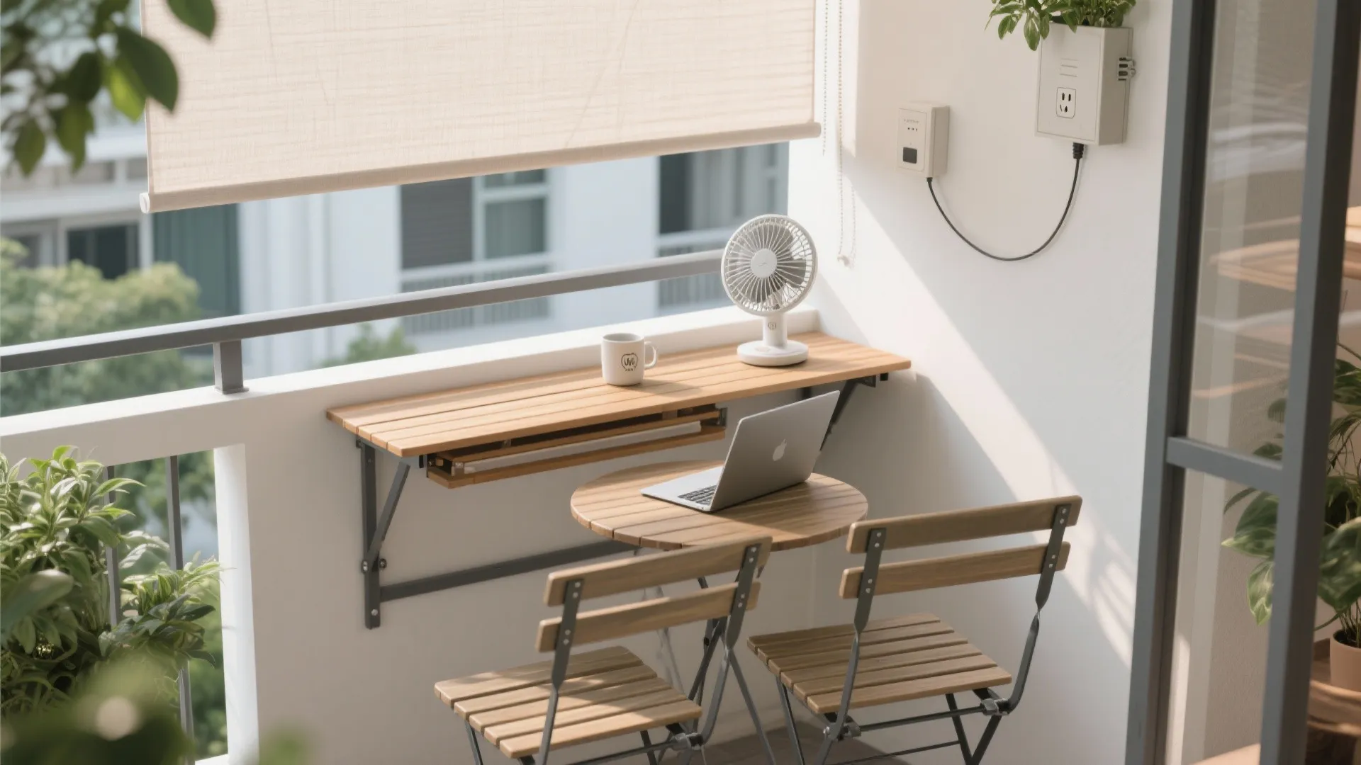 Small balcony workspace with wooden folding table laptop white electric fan and two matching chairs