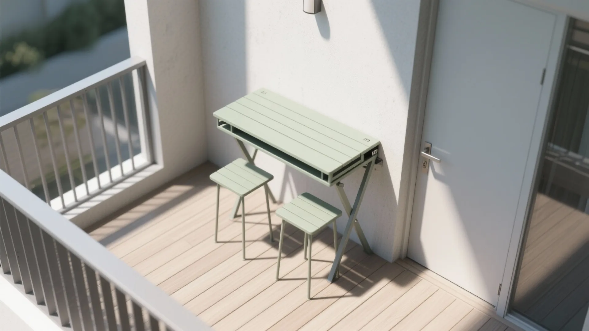 Modern outdoor balcony with a light green folding table and two small stools on wood flooring