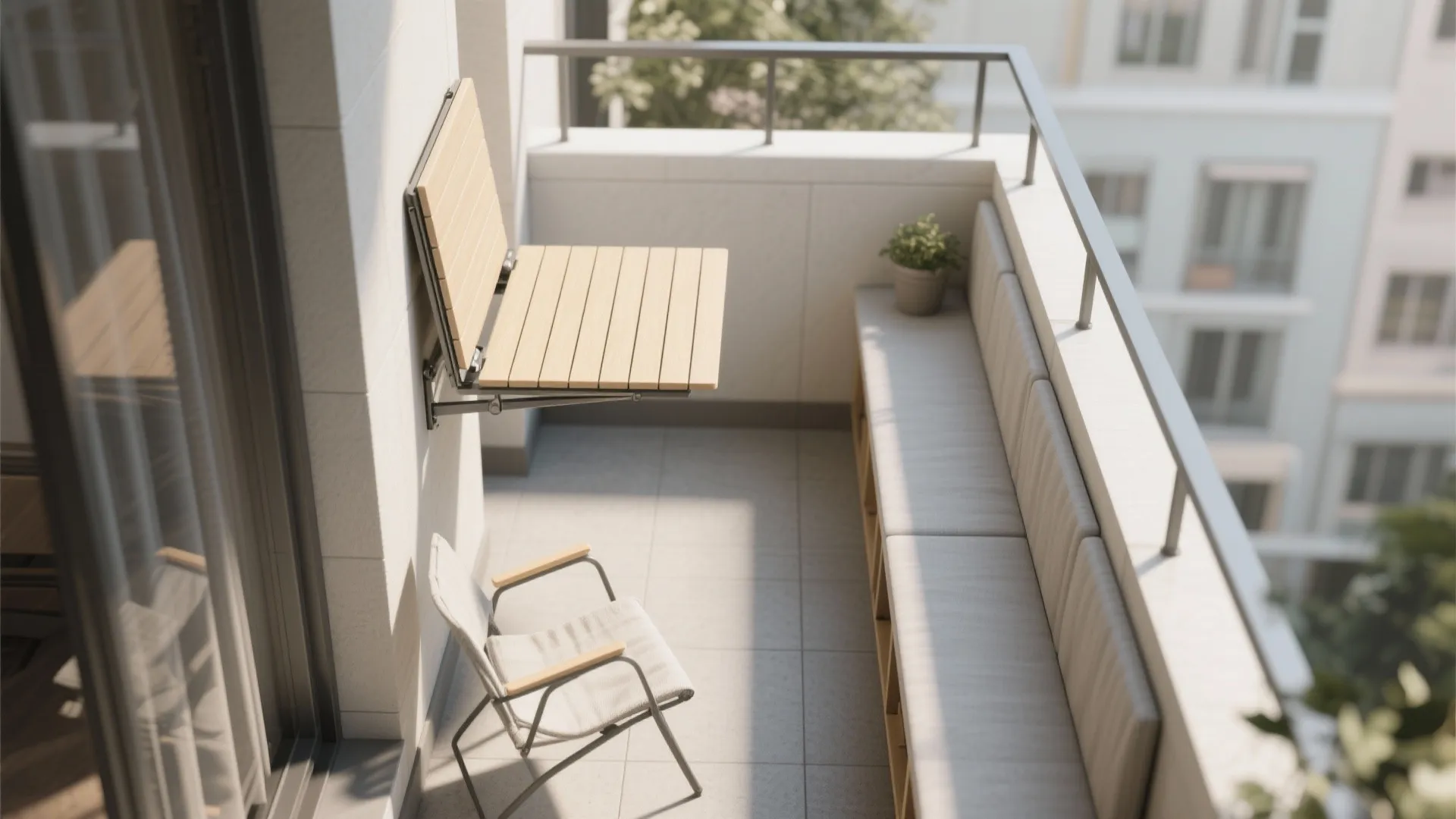 Small balcony featuring folding wooden wall table grey chair and long bench with seat cushions