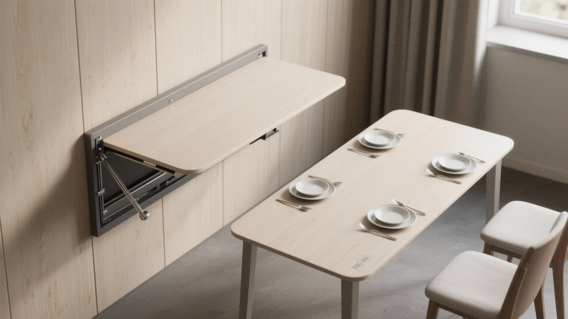 2. Fold-down dining and wall-mounted tables