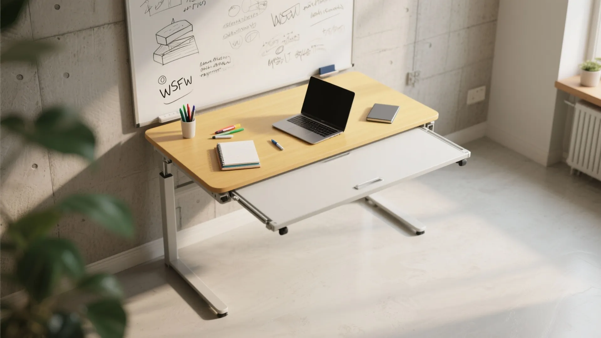 Modern wood desk with laptop and notebook features a pull out white table for extra workspace