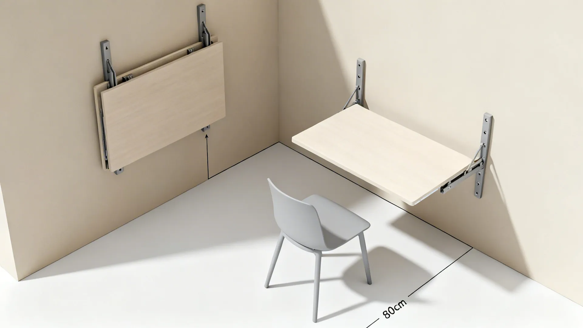 Top-down view of a fold-down wall table layout showing closed and open positions.