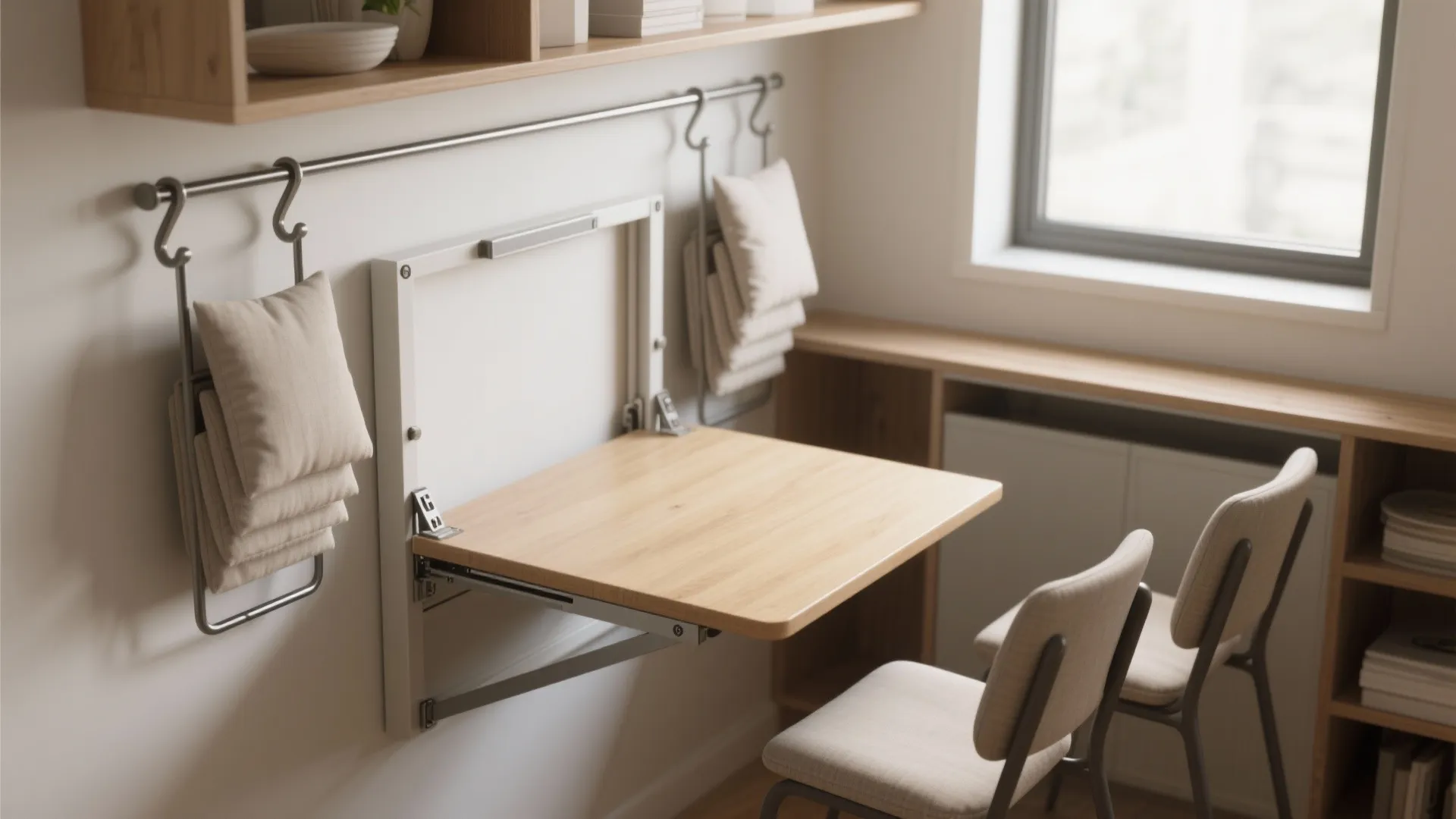 1. Fold-down wall table with stackable chairs