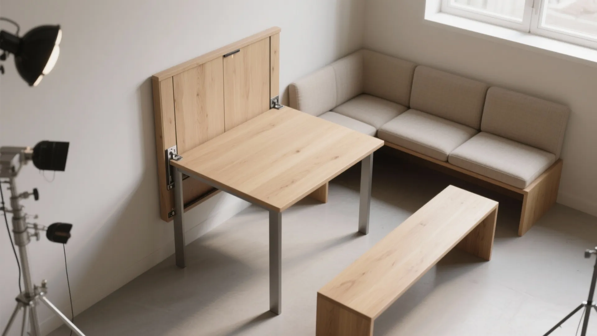 Modern small apartment room featuring space saving foldable wooden table, bench, and light grey sofa