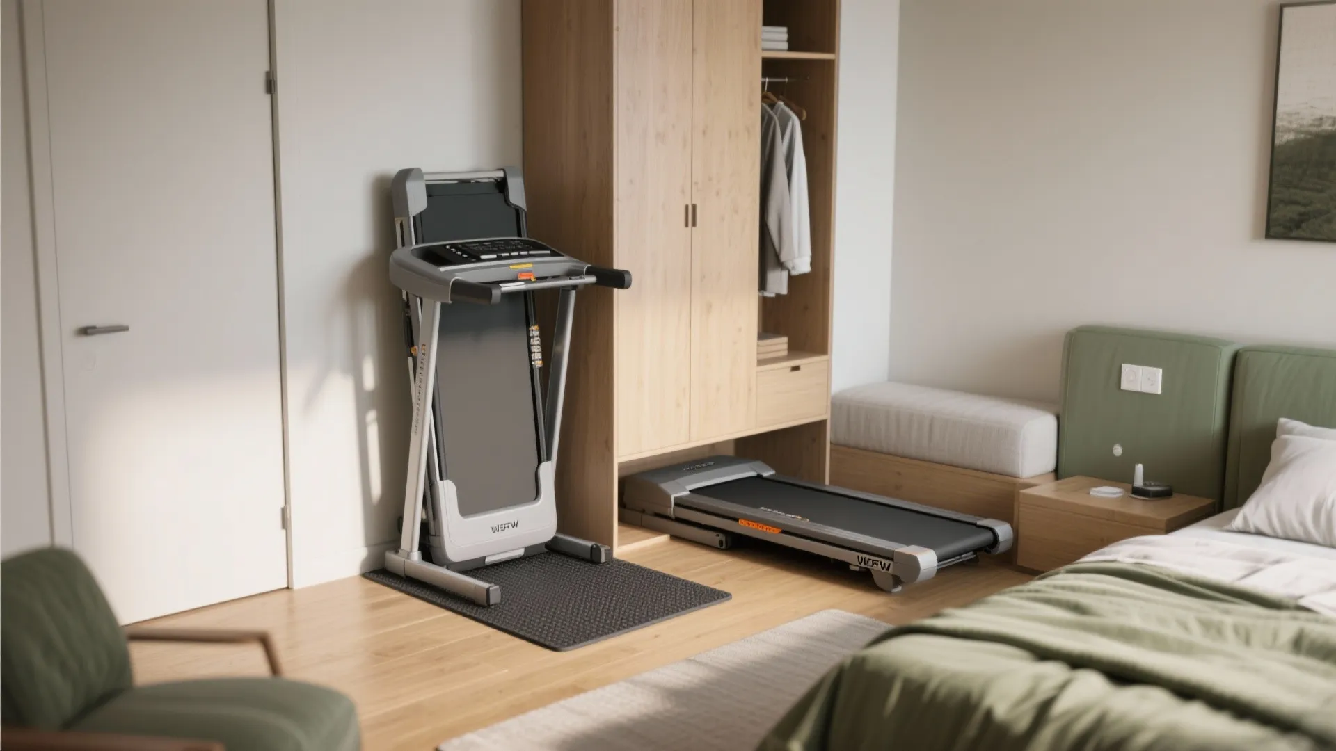 Foldable treadmill stored upright and partially tucked under a bed in a compact studio, showing discreet storage and floor protection.