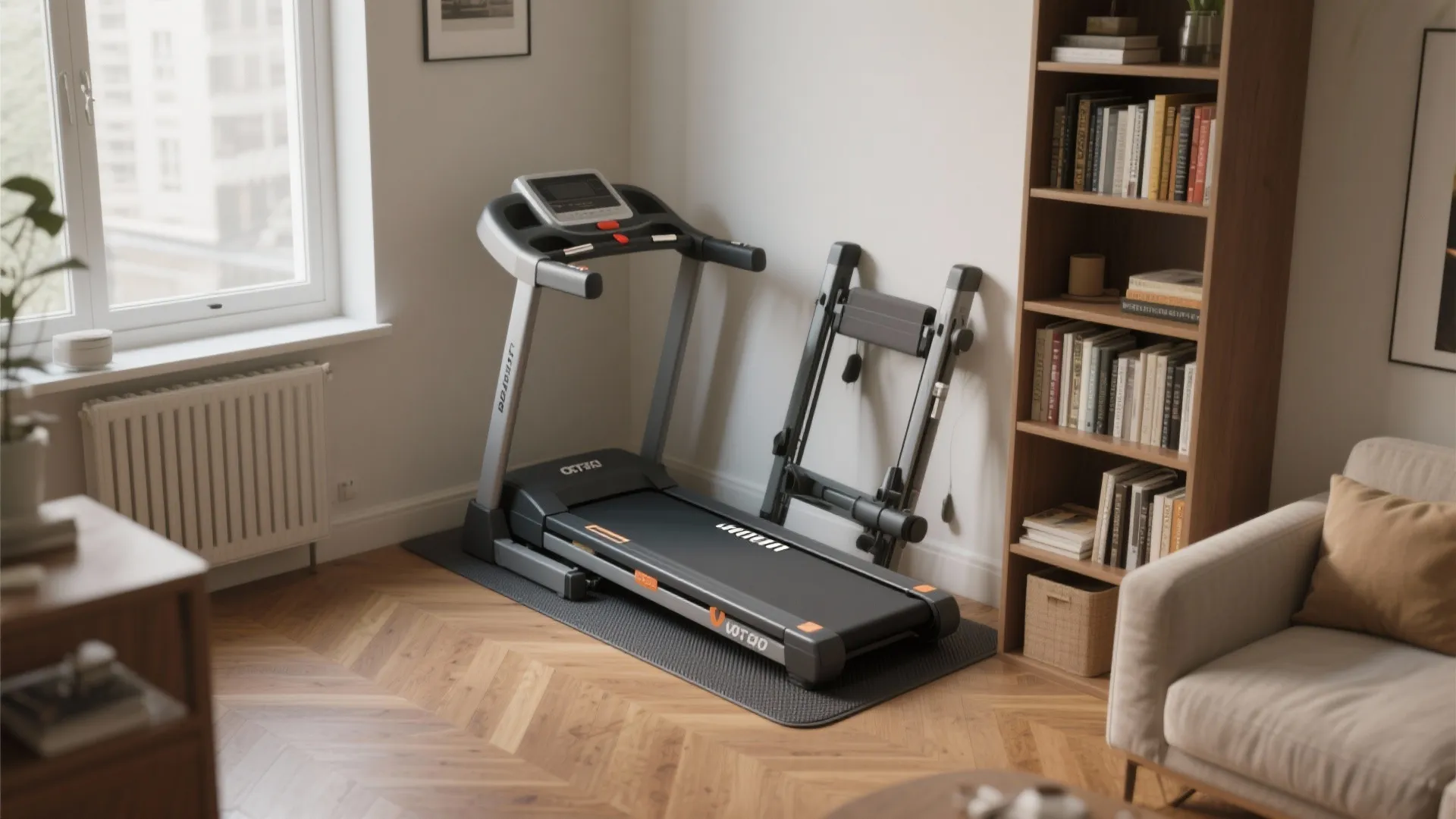 Black treadmill and folded fitness equipment in living room with wood floor and wooden bookshelf