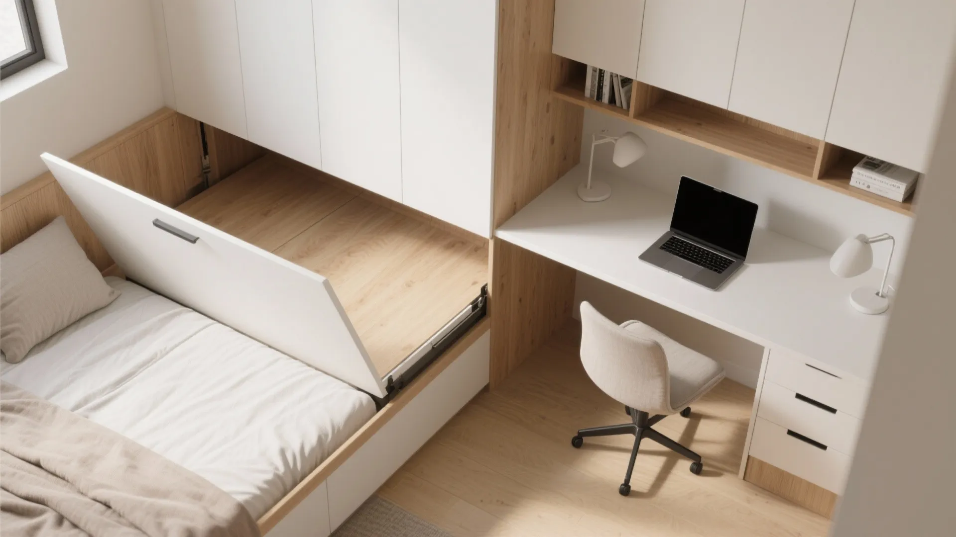 Murphy bed with integrated folding desk viewed from above