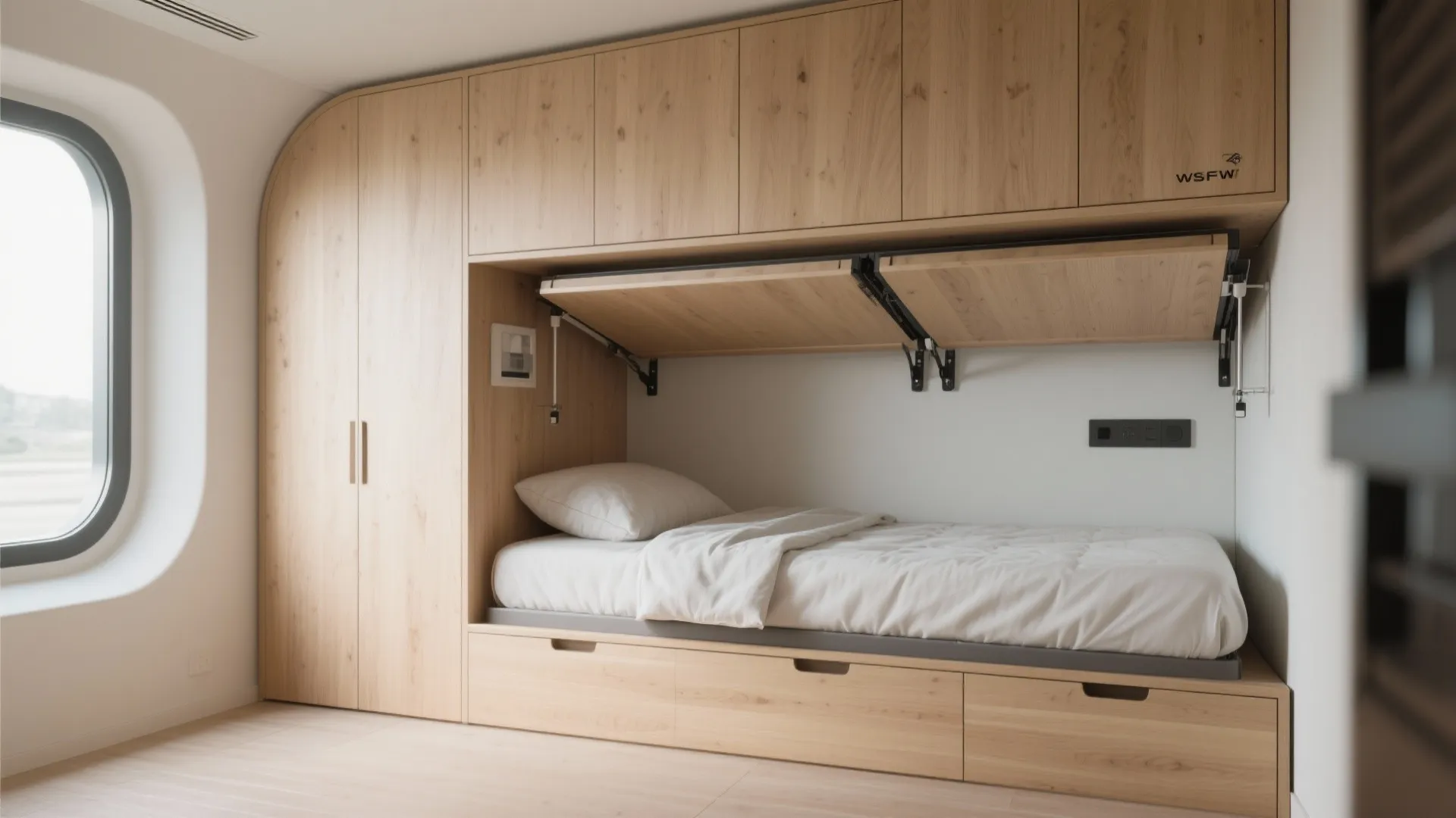 Modern wood wall unit with a fold down bed and white bedding in small room