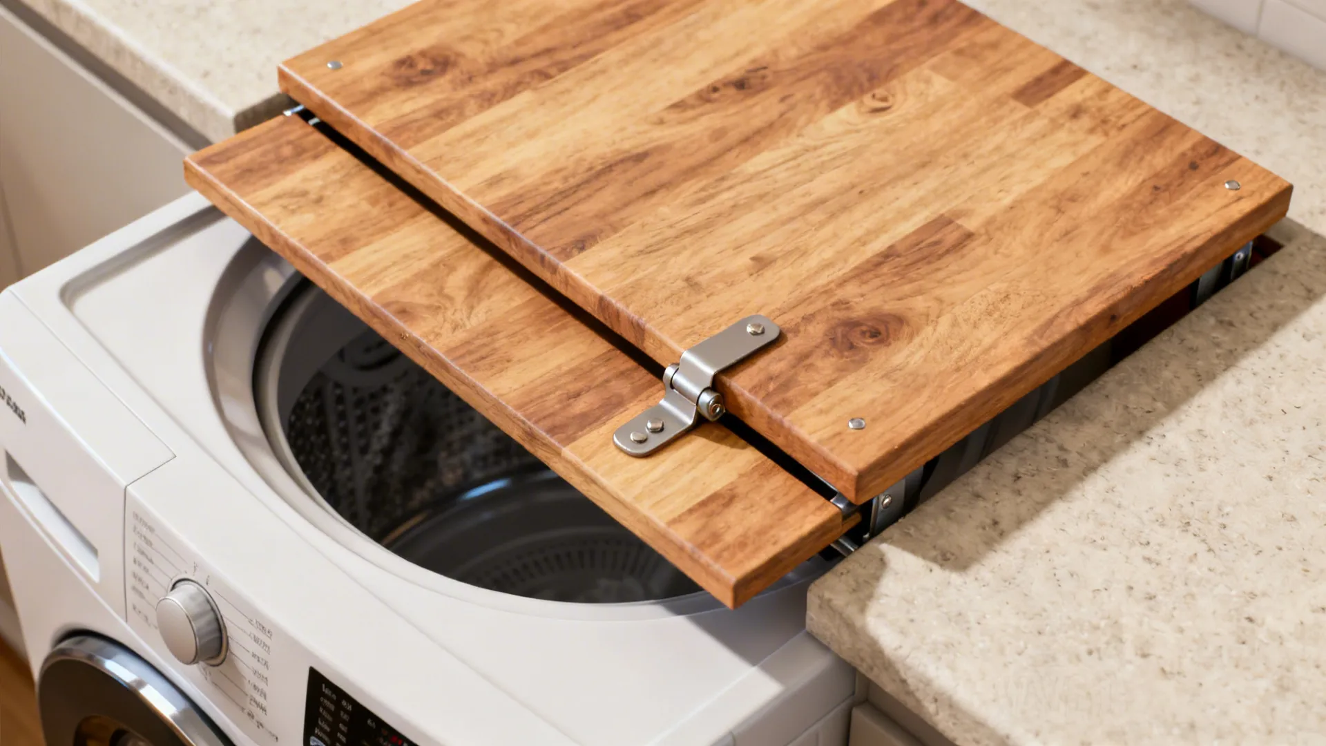 Hinged fold-up counter over a top-load washer showing hinge and catch detail.