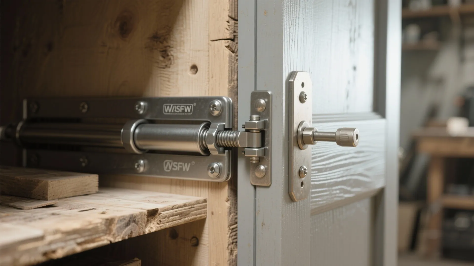 Close up view of metal mechanical hinge hardware installed on wooden cabinet and grey storage door