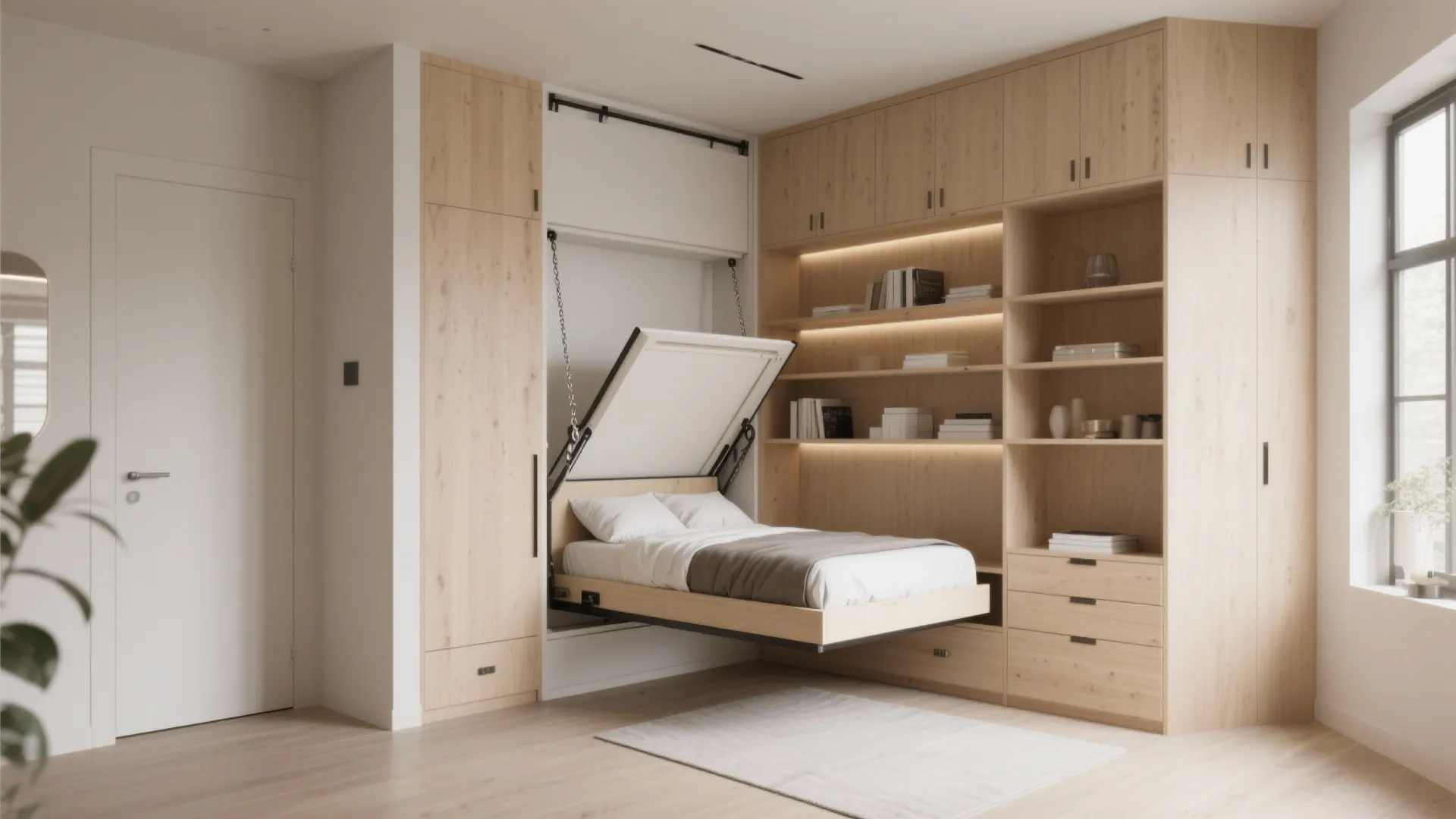Small bedroom with a fold-up wall swing bed hidden within built-in shelving