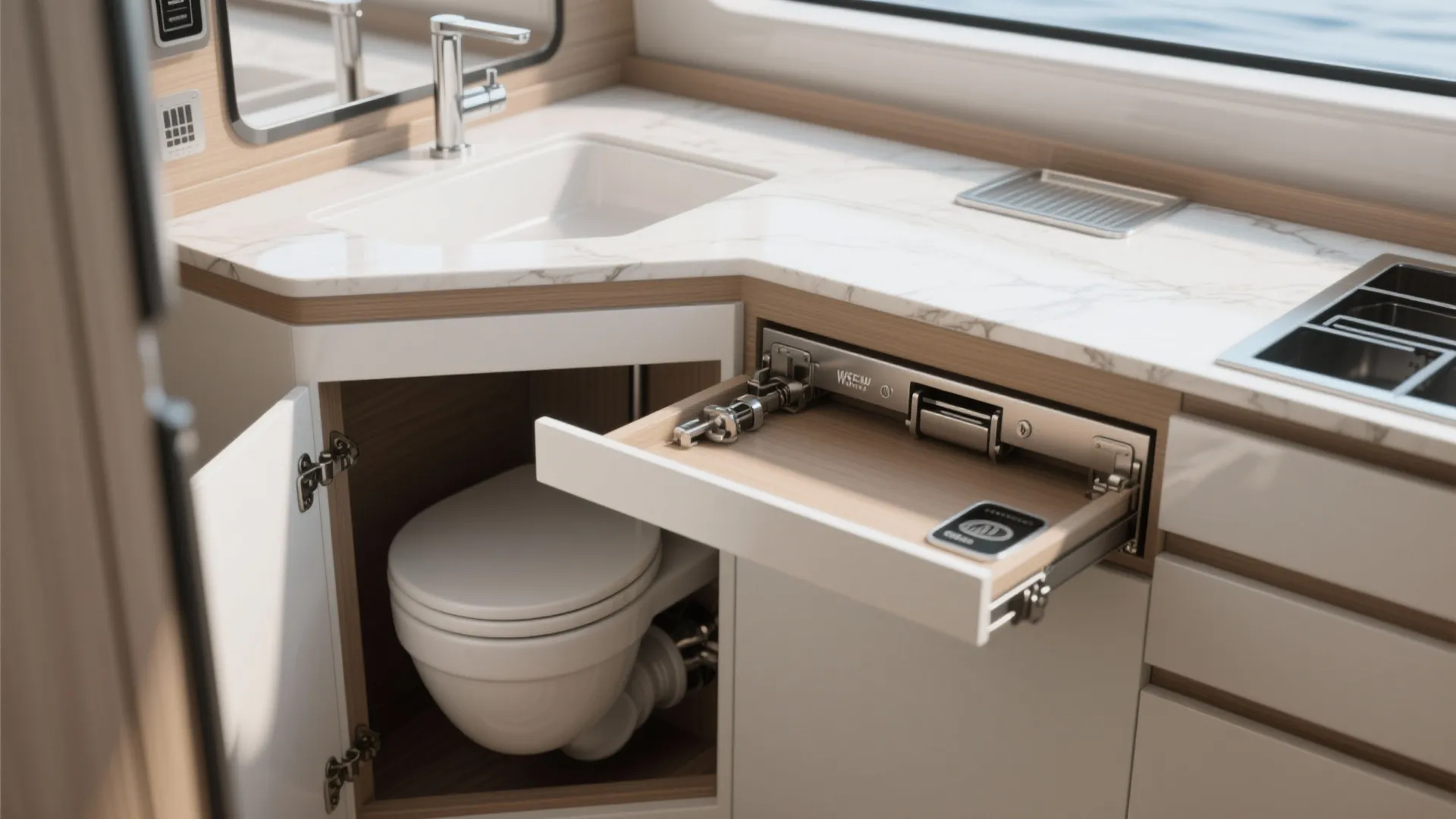 5. Fold-down vanity with swivel toilet