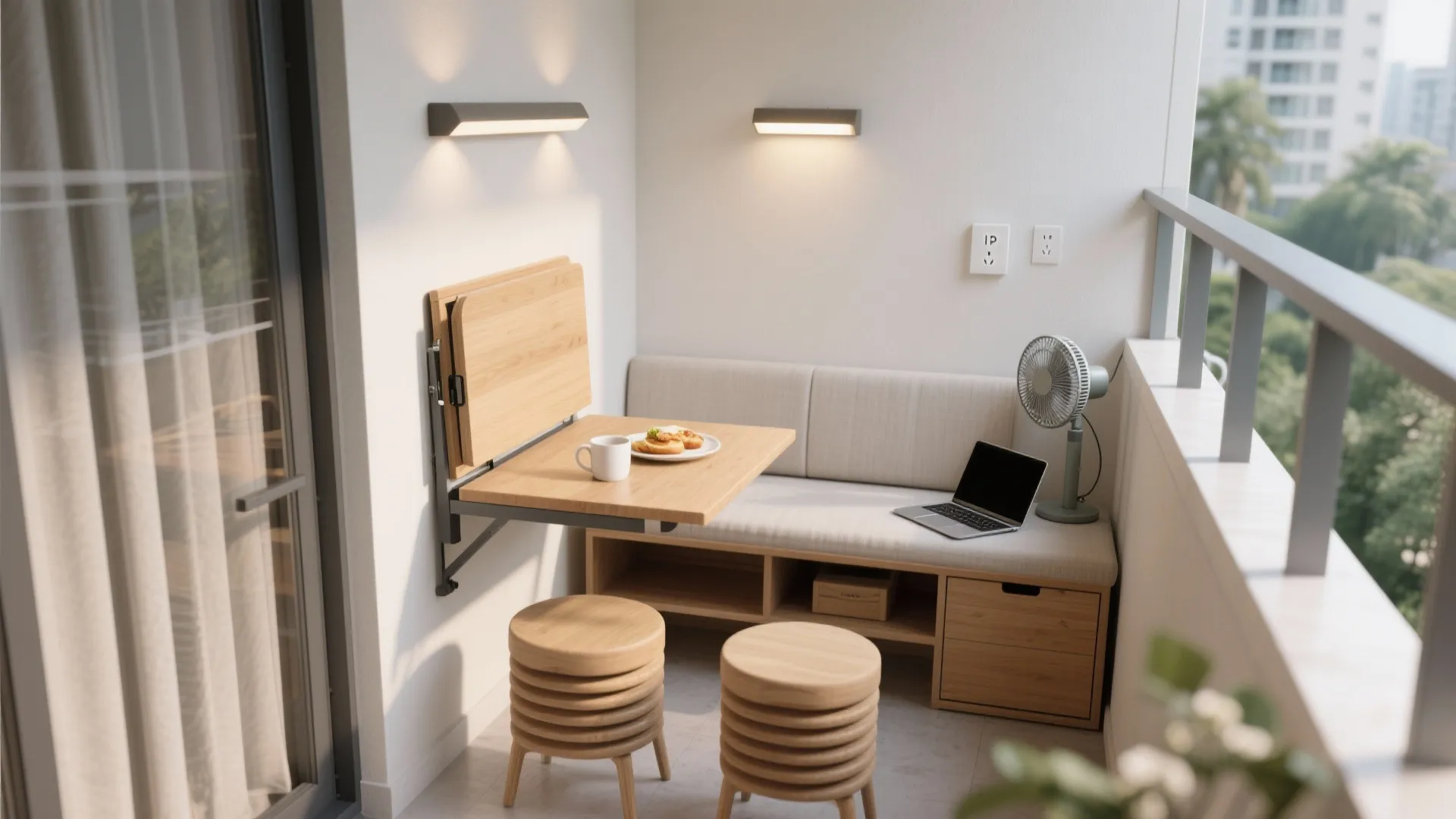 Small balcony workspace featuring a wall mounted folding table laptop comfortable bench and two stools