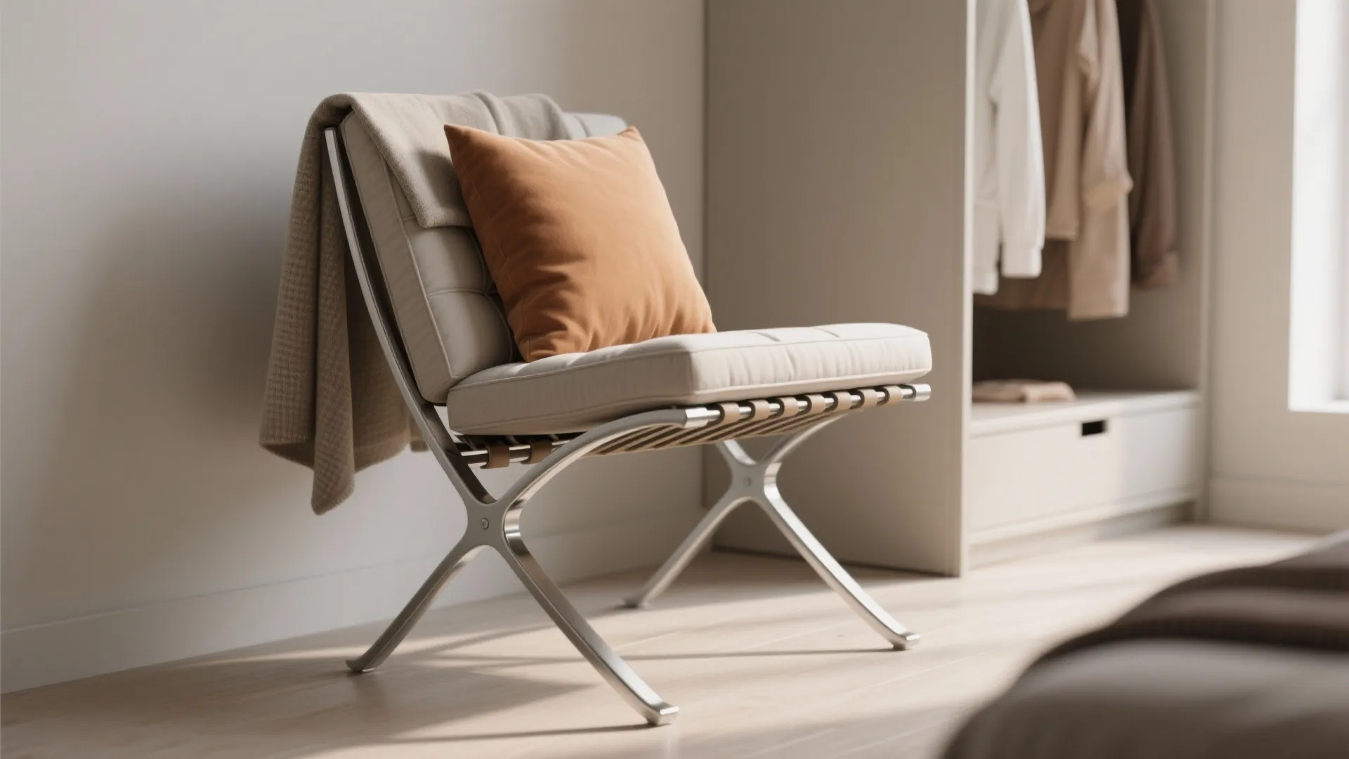Metal-frame foldable accent chair with removable cushion stored in a closet