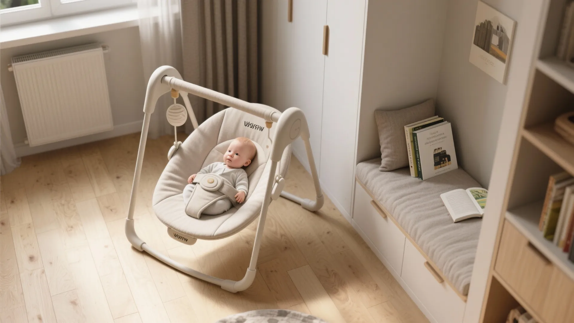Foldable baby swing tucked beside a reading nook