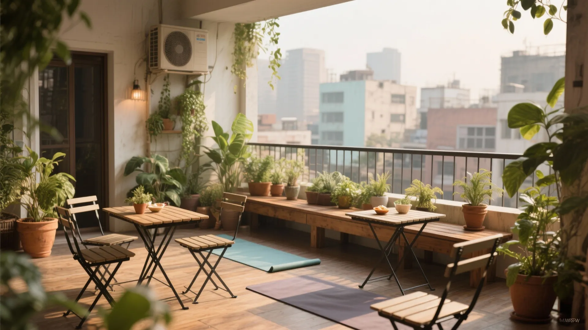 Sunlit urban balcony featuring foldable wooden tables chairs many potted plants and city view background layout