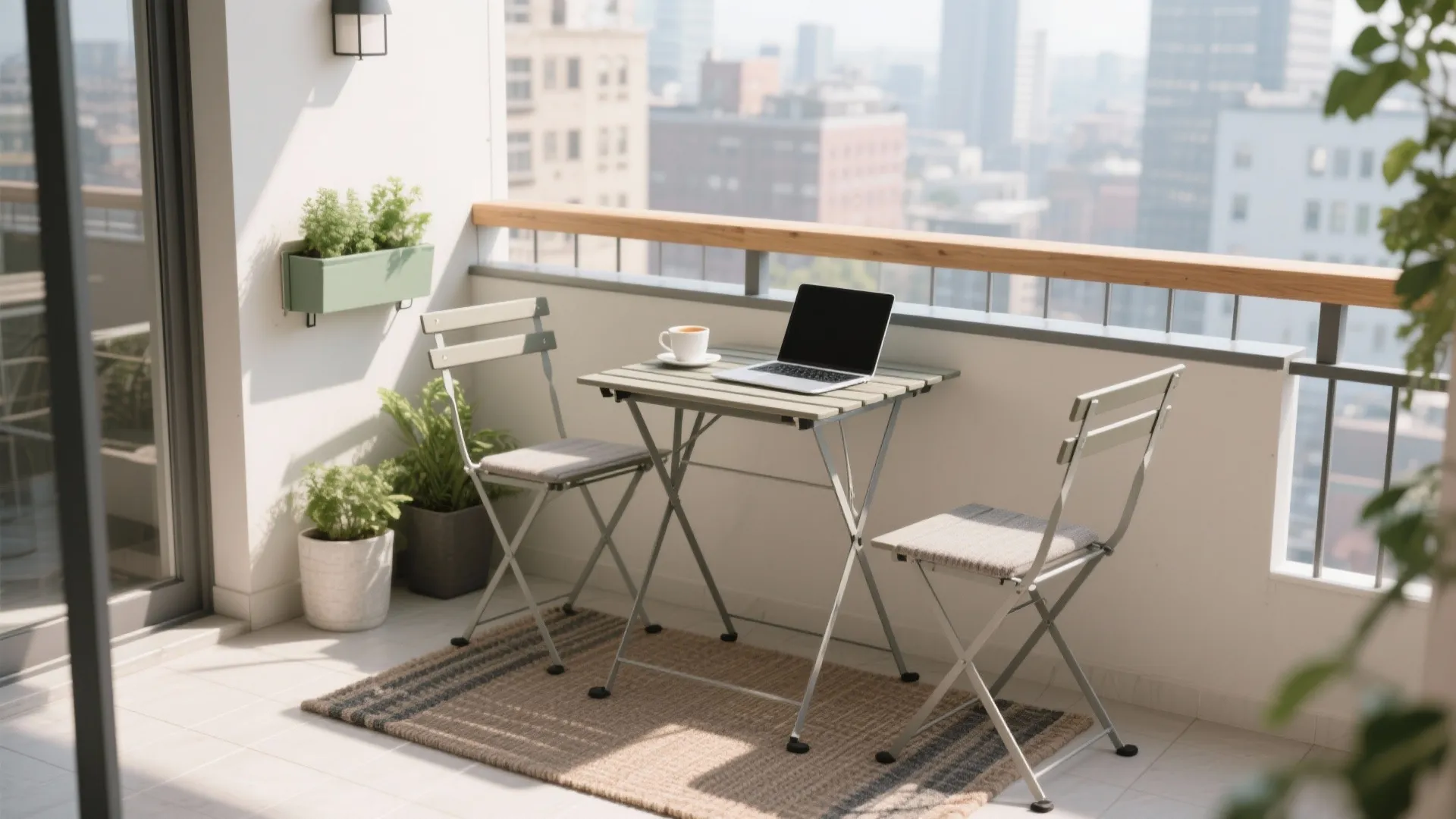 Tiny balcony with a drop-leaf rail table and slim foldable chairs leaving ample floor space.